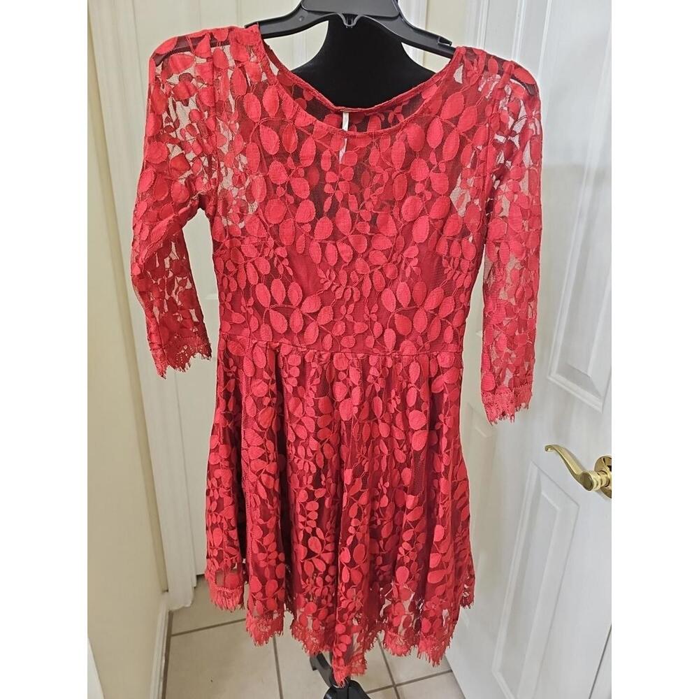 Free People‎ Red Lace Dress 0 Red Mini 3/4 Sleeve Scoop Neck Lined